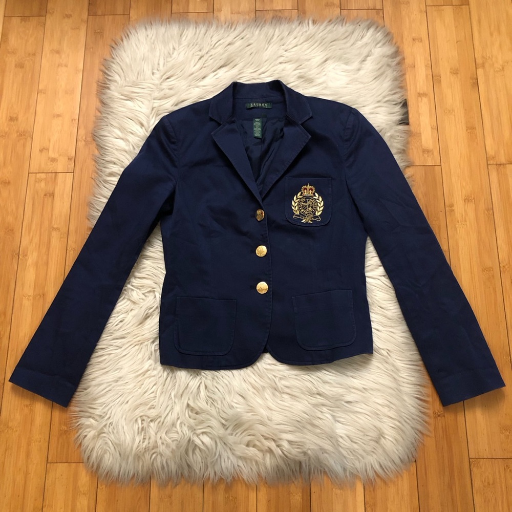 Lauren Ralph Lauren Preppy Navy Bullion Embroidered Crest Blazer Womens size S